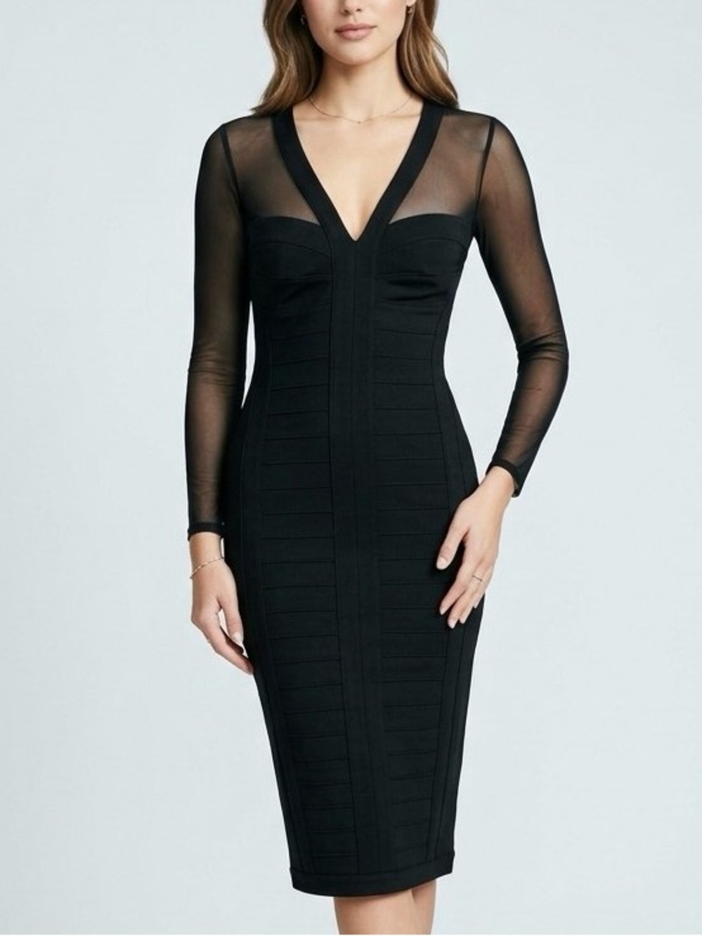 Tadashi Shoji Black Illusion Mesh Bandage Cocktail Midi Dress NWT XS